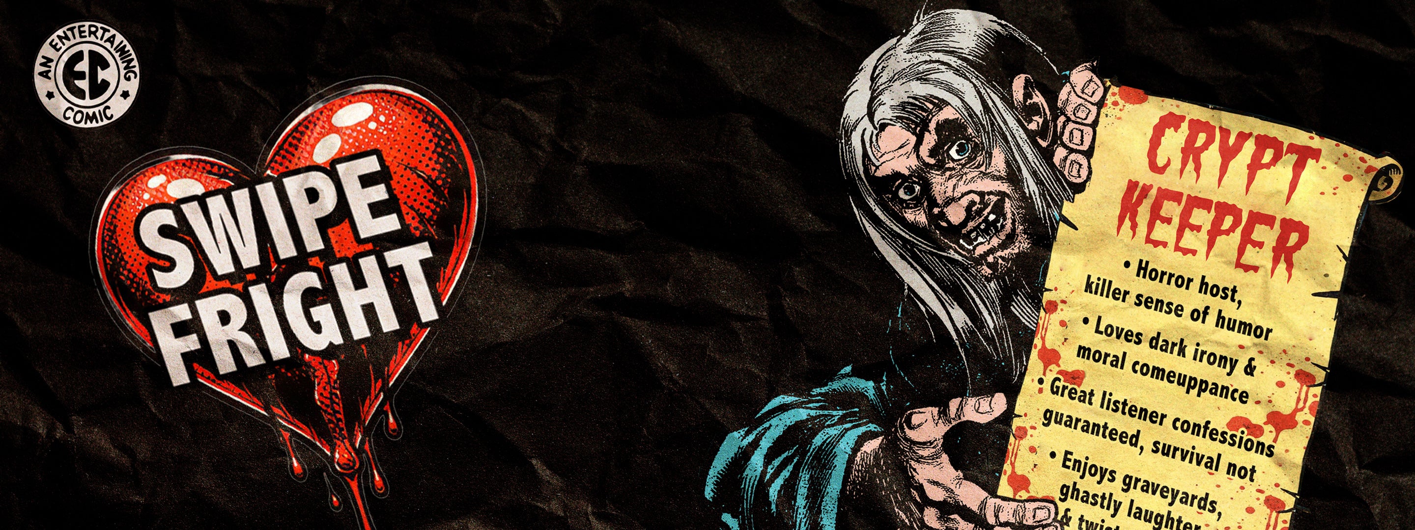 Horror-themed promotional banner with 'Swipe Fright' and 'Crypt Keeper' text, featuring a zombie-like character.